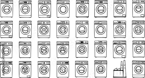 Household Laundry Appliances Outline Icons Collection: Black  White Line Art Vector Set of Various Washing Machines
