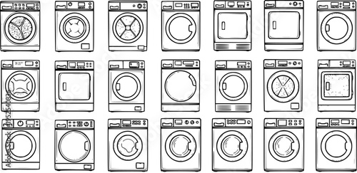 Black and White Line Art Set of Washing Machines and Dryers, Household Appliances Vector Icons