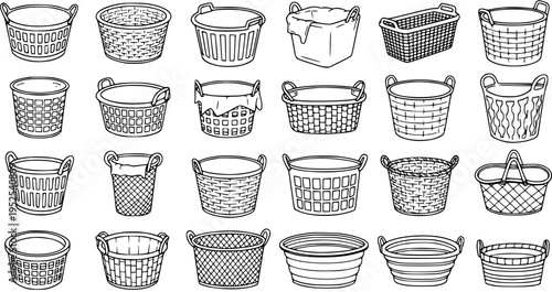 Laundry Baskets Black and White Line Art Set. Hand-drawn Outline Collection of Various Household Clothes Hampers, Storage Bins, and Tubs Vector Illustration.