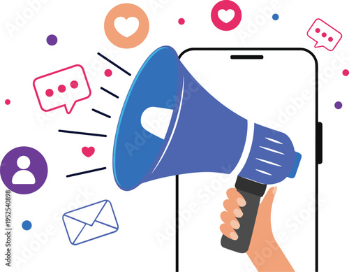 Digital marketing concept with hand holding megaphone coming out of smartphone screen with social media notification icons isolated on white vector illustration