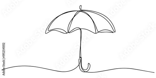 umbrella continuous one line drawing, Coastal Shade. Minimalistic one-line drawing open umbrella with gentle breeze, continuous single black line on white background, simple outline style