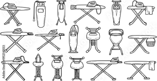 Black and White Line Art Sketch Icons: Hand-drawn set of various irons and ironing boards for laundry, household chores, and home appliances.