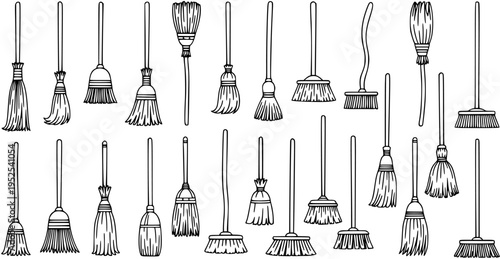 Hand-Drawn Black and White Line Art Collection of Household Cleaning Brooms