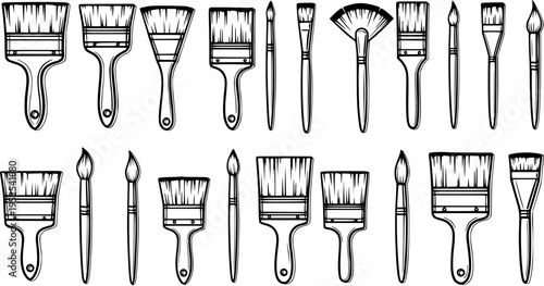 Art Painting Brushes Set Line Art. Black and white outline collection of various artist tools for creative hobbies, craft, and DIY.