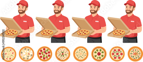 Pizza delivery man character set holding open boxes with various types of pizza icons isolated on white background vector illustration
