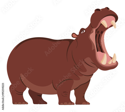 Cartoon illustration of a brown hippopotamus with its mouth wide open, showing its large tusks and teeth, standing on a white background.