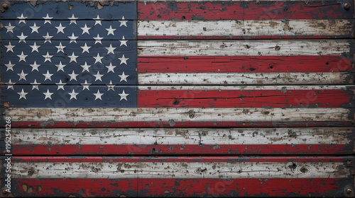 A faded American flag painted onto a dark wooden surface, with horizontal planks, showing red and white stripes and white stars.