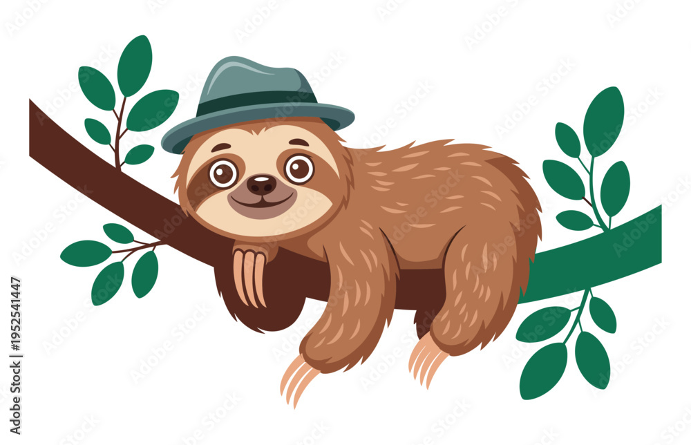 Naklejka premium A cute cartoon sloth wearing a green fedora hat, smiling and hanging on a brown tree branch with green leaves against a white background.