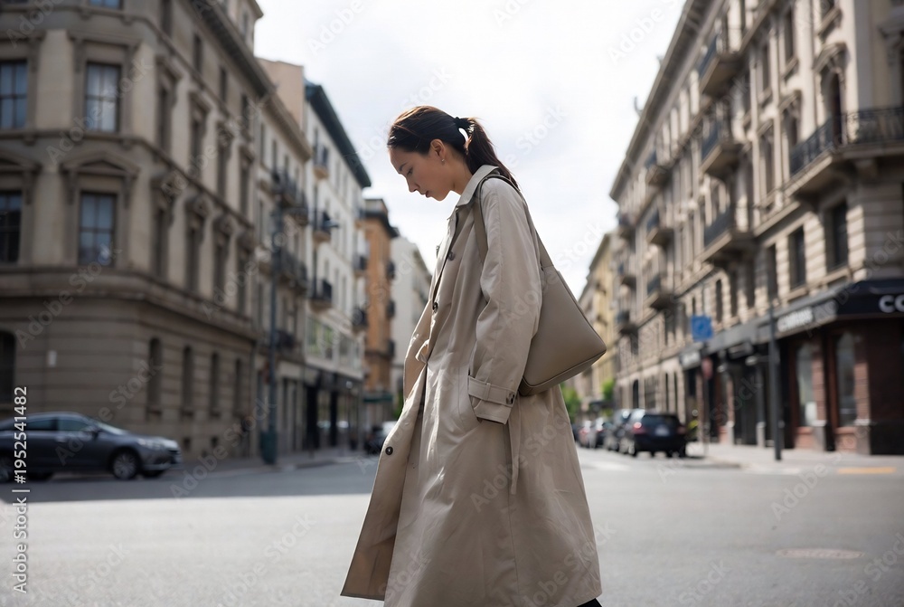 Obraz premium A woman in a trench coat walks down a European city street.