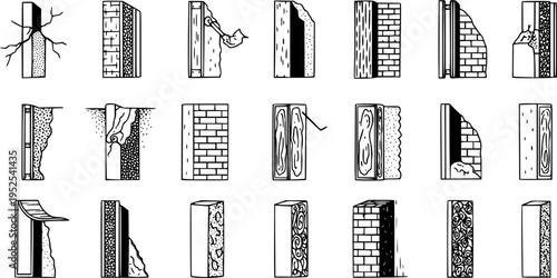 Black and White Line Art Illustrations of Construction Wall Material Samples