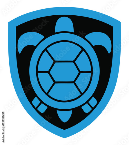 Stylized blue turtle icon within a black shield emblem, representing protection, marine life, or an organization.