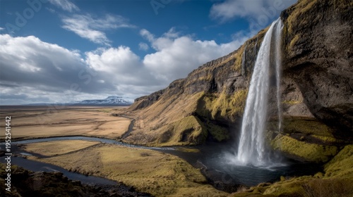 A stunning waterfall cascades down a steep cliff into a serene river below. This breathtaking landscape showcases natural beauty, ideal for travel and nature enthusiasts. AI
