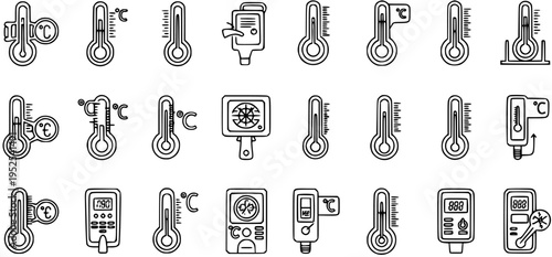 Black and White Line Art Icons of Thermometers and Digital Temperature Devices