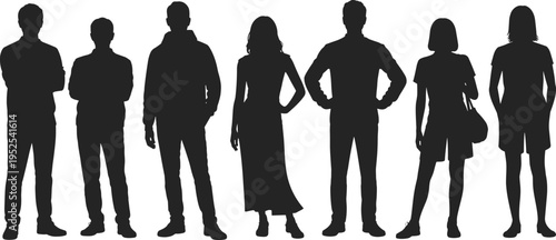 People silhouettes standing together, diverse men women group, human figures collection, social community concept, isolated black vector illustration