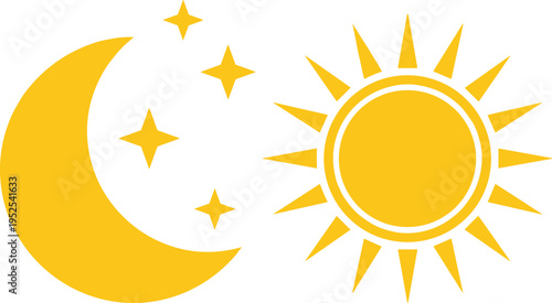 Sun and crescent moon icon set with stars, abstract celestial symbols, golden flat design elements, day and night concept vector isolated on white background