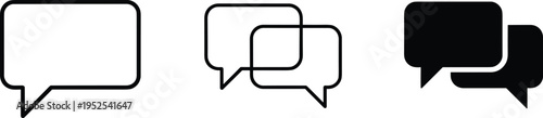 Speech bubble icons set in outline and solid styles, chat communication symbols, messaging interface elements, conversation dialog boxes, social media comments and notification design