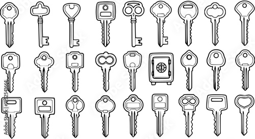 Black and White Line Art of Assorted Keys and a Safe: Security and Access Concept