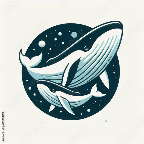 Whales in Space Vector Illustration. Mother and Baby Whale Swimming in Starry Night Sky Circle Graphic Design.