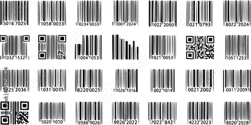 Collection of Barcodes and QR Codes Vector Set. Black and White Line Art Glyphs for Technology, Retail, and Digital Information Tracking.