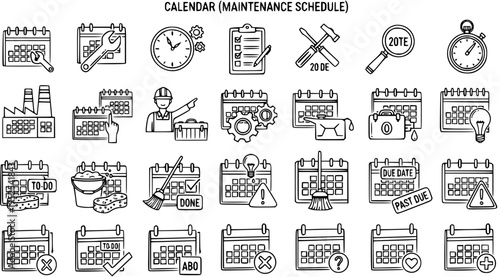 Maintenance Schedule Calendar Icons: Industrial  Facility Management Planning Doodle Line Art Set