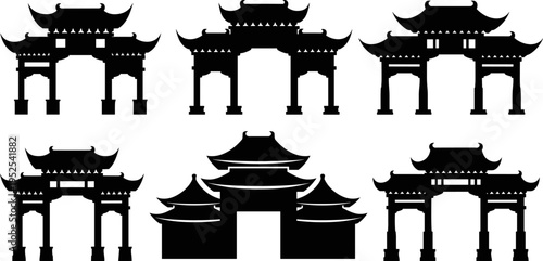 Traditional Asian gate vector illustration set, black and white temple arch silhouettes, Chinese Japanese pavilion entrances, historic oriental architecture icons collection