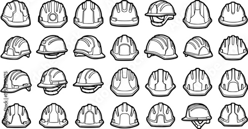 Construction Hard Hats and Safety Helmets Black  White Vector Line Art Icons Set