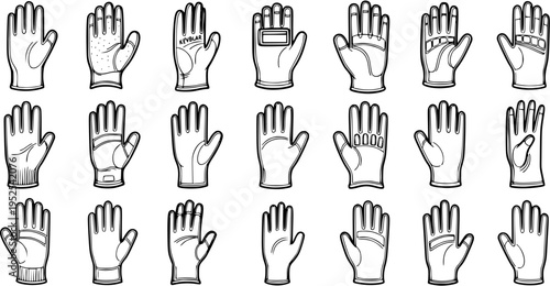 Safety and Work Gloves Black and White Line Art Vector Icons. Collection of Protective Handwear, Industrial Workwear, and Equipment Illustrations.