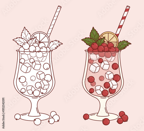 Red Currant Cocktail Set. Fresh Summer Berry Drink with Ice Cubes, Lemon Slice and Mint. Isolated Color and Outline Line drawing, coloring page. Vector Illustration