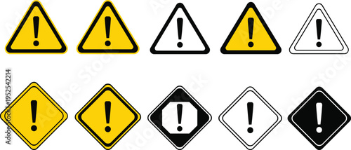 Warning sign icon set collection, hazard alert symbols, exclamation caution shapes, safety risk concept, modern vector illustration for danger, attention, and security design