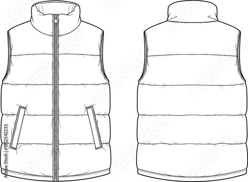 Padded vest, technical sketch, front view, back view, quilted, zipper, collar, fashion design, garment, vector, illustration, apparel, outerwear, winter, CAD, flat sketch, detailed