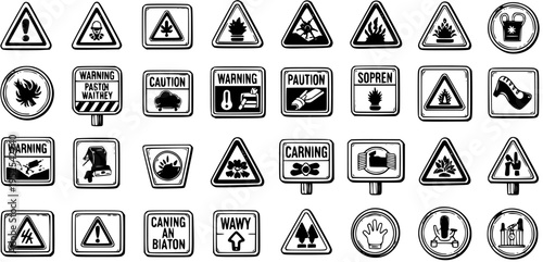 Black and White Line Art Safety Signs Collection: Hazard Warning, Industrial, and Workplace Safety Glyphs and Pictograms Bundle
