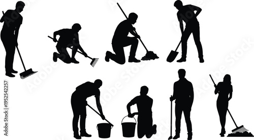 Cleaning worker silhouettes set with tools, janitors sweeping raking digging carrying buckets, maintenance workforce concept vector illustration isolated on white background