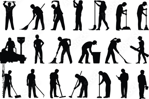 Cleaning worker silhouettes set with brooms, mops and tools, janitors performing sweeping, sanitation and maintenance tasks vector illustration isolated on white background