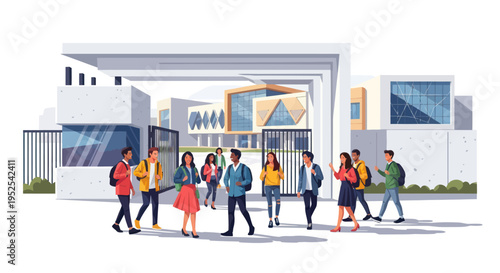 Diverse students walking into modern university campus entrance with abstract architecture