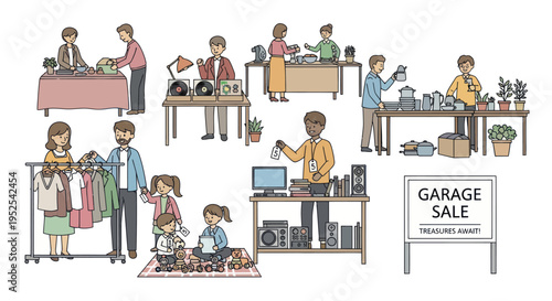 Diverse People Shopping and Selling at a Busy Garage Sale Event