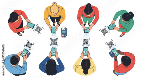 People scanning QR codes with smartphones for digital payment and information access