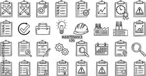 Hand-Drawn Industrial Maintenance Log Icons Set. Doodle Style Clipboards, Wrenches, Gears, Checklists,  Factory Symbols for Business Operations  Facility Management in Black  White Line Art.