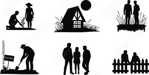 Community and nature silhouettes, people planting trees, rural house scene, teamwork and gardening activities, eco lifestyle vector illustration collection set