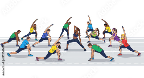 Diverse Group Exercising Outdoors: Dynamic Stretching Session on Pavement