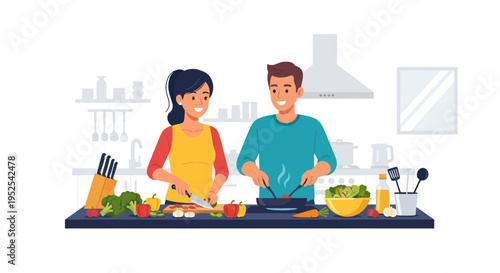 Happy Couple Cooking Together Healthy Food in Modern Kitchen - Vector Illustration