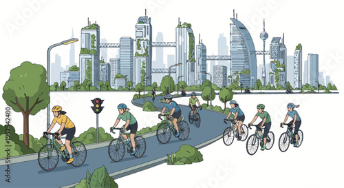 Green City Biking: Diverse group cycles through eco-friendly urban landscape with futuristic skyscrapers.