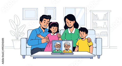 Family Video Call with Grandparents on Laptop, Connected Generation