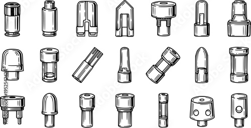 Vaping Electronic Cigarette Components Line Art Set - Hand-drawn Black and White Vector Illustration of Vape Device Parts