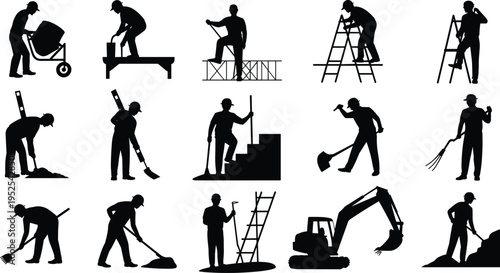 Construction and maintenance worker silhouettes vector set, builder labor activities with ladder tools cleaning digging excavator, industrial job site workers collection, black illustration