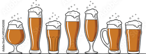 A variety of beer glasses filled with frothy beer