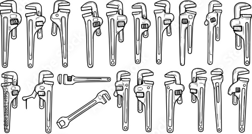 Black and White Line Art of Assorted Pipe Wrenches, Plumbing Tools Vector Illustration