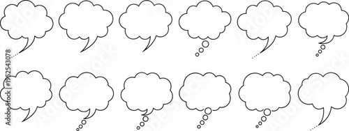 Thought bubble icon set collection, thinking cloud symbols, idea and imagination concept, minimalist line design, modern vector illustration for brainstorming and creativity themes