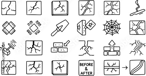 Set of Black and White Line Art Icons for Construction and Repair Services, Showing Cracks and Solutions