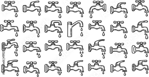 Hand-drawn Black and White Line Art Faucets and Taps with Dripping Water. Ideal for Plumbing, Water Conservation, and Home Repair Concepts.