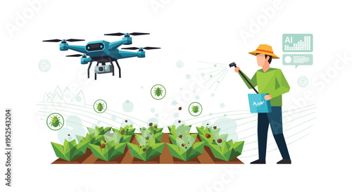 A farmer sprays crops in a field while a drone hovers above, with insect icons and data visualizations present.